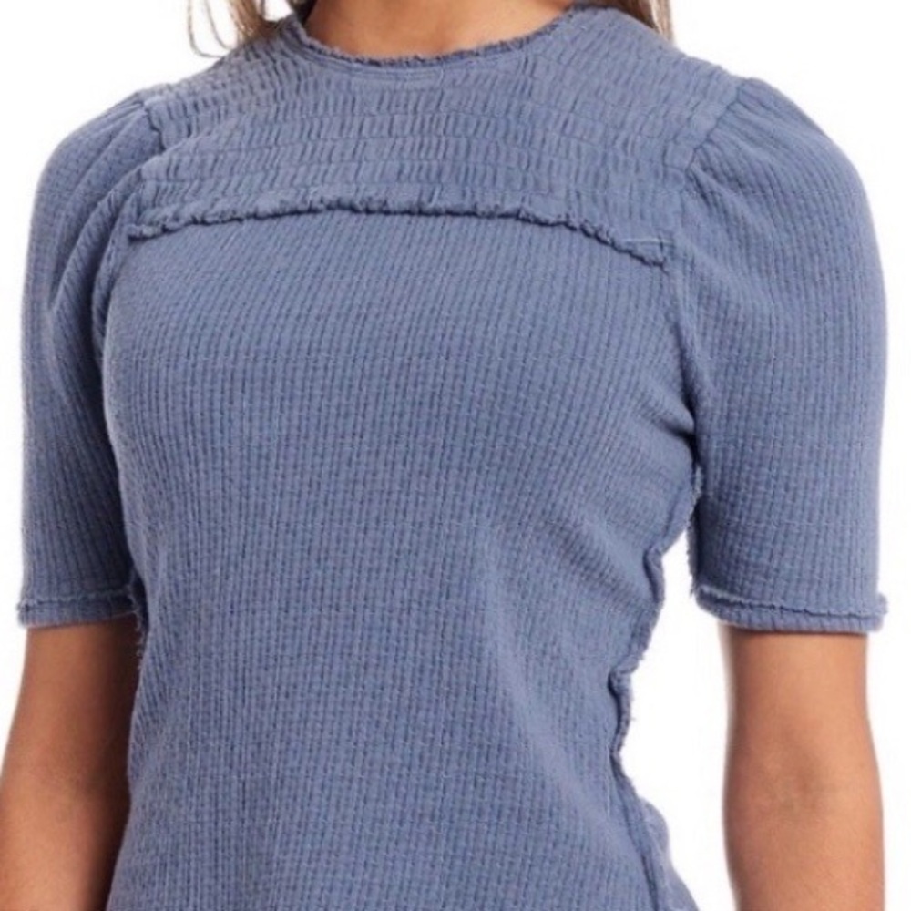 Free People We The Free Smocked Top Size S Puff Short Sleeves Ruffle Raw Seams